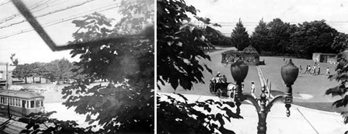 当時２４６には市電がはしっていました（写真：左下）　　馬車もありました（写真：右下